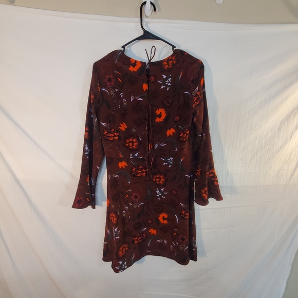 Sandro Women's Size 2 Sofia Floral Burgundy Dress Bell Sleeve 100% Silk - Picture 5 of 5